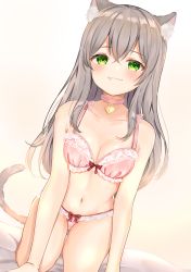 Rule 34 | 1girl, :3, animal ear fluff, animal ears, bare arms, bare shoulders, bow, bow bra, bow panties, bra, breasts, cat ears, cat girl, cat tail, cleavage, closed mouth, collar, collarbone, commentary request, dutch angle, fang, fang out, green eyes, grey hair, hair between eyes, heart, highres, katsushika pachi, keyhole, long hair, looking at viewer, medium breasts, navel, original, panties, pink bra, pink collar, pink panties, solo, tail, underwear, underwear only, very long hair