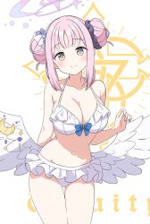 Rule 34 | 1girl, angel wings, bare arms, bare legs, bare shoulders, bikini, blue archive, blush, breasts, cleavage, closed mouth, collarbone, cowboy shot, crescent, crescent pin, double bun, feathered wings, frilled bikini, frills, hair bun, halo, highres, kousuke0912, large breasts, looking at viewer, mika (blue archive), pink hair, pink halo, short hair, simple background, smile, solo, swimsuit, white background, white bikini, white wings, wings, yellow eyes