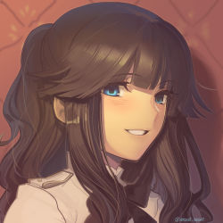Rule 34 | 1girl, alternate hair color, black bow, black hair, blue eyes, blurry, blurry background, blush, boa (brianoa), bow, bowtie, commentary, english commentary, epaulettes, fate/apocrypha, fate (series), fiore forvedge yggdmillennia, flipped hair, half-closed eyes, half updo, highres, jacket, long hair, looking at viewer, parted lips, ponytail, portrait, rectangular pupils, sidelocks, smile, solo, tareme, twitter username, white jacket