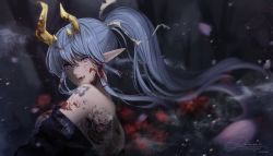 Rule 34 | 1girl, arm tattoo, back tattoo, blood, blood in hair, blue hair, elf, floating hair, highres, horns, indie virtual youtuber, japanese clothes, kimono, long hair, long pointy ears, looking at viewer, off shoulder, open mouth, pointy ears, purple eyes, rae laveire, rae laveire (artist), sharp teeth, solo, tattoo, teeth, tongue, tongue out, upper body, virtual youtuber