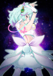 Rule 34 | 1girl, absurdres, aqua hair, arm up, arm warmers, back, back bow, backless dress, backless outfit, bare back, bloomers, bow, cure supreme, dress, highres, huge bow, kazuma muramasa, median furrow, medium hair, multicolored hair, precure all stars f, purple hair, rabbit tail, red eyes, solo, streaked hair, tail, underwear, white dress