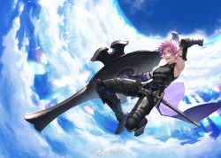 Rule 34 | 1boy, armor, armored boots, bare shoulders, black armor, blue sky, boots, cloud, cloudy sky, fate/grand order, fate (series), gauntlets, genderswap, genderswap (ftm), greaves, holding, holding shield, looking at viewer, male focus, mash kyrielight, mosi l, open mouth, outdoors, pink hair, purple eyes, shield, short hair, sky, smile, solo, sword, teeth, weapon