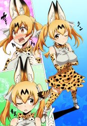 Rule 34 | 10s, 1girl, alternate hairstyle, animal ears, blush, bow, bowtie, breast hold, breasts, commentary, crossed arms, elbow gloves, fur collar, gloves, hair tie, high-waist skirt, highres, kemono friends, looking at viewer, one eye closed, orange bow, orange bowtie, orange eyes, orange hair, orange thighhighs, out of character, print bow, print bowtie, print gloves, print legwear, print neckwear, serval (kemono friends), serval print, serval tail, shirt, short hair, skirt, sleeveless, sleeveless shirt, striped tail, sweat, tail, tanashi (mk2), thighhighs, tsundere, twintails, v-shaped eyebrows