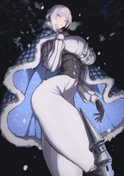 Rule 34 | 10den, 1girl, akershus fortress (oshiro project), aqua eyes, black footwear, black gloves, blue cape, blue cloak, blush, bodysuit, boots, braid, breasts, cape, center frills, cloak, commission, corset, fluff, frilled shirt, frills, fur-trimmed cape, fur-trimmed cloak, fur trim, gloves, grey hair, hair ornament, highres, large breasts, long sleeves, looking at viewer, looking back, multiple views, oshiro project:re, padded cloak, puffy long sleeves, puffy sleeves, ribbon, shirt, skeb commission, standing, swept bangs, thigh boots, thighs, tight clothes, white bodysuit, white shirt