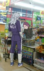 Rule 34 | 2girls, arm wrap, arms at sides, basket, black gloves, black shirt, blue jacket, blue nails, blue pants, cashier, ceiling light, character name, clothes writing, commentary, convenience store, counter, dorohedoro, ebisu (dorohedoro), english commentary, florbetriz, fluorescent lamp, flustered, gloves, grey hair, groceries, height difference, holding, indoors, jacket, leg wrap, long hair, long sleeves, looking away, looking down, meme, multiple girls, nail polish, noi (dorohedoro), pants, photo background, poster (object), purple hair, scythe, shelf, shirt, shop, shopping, shopping basket, shopping cart, short hair, standing, sweatdrop, tall female, tall lady shopping in japanese store (meme), track jacket, track pants, track suit, turtleneck, weapon