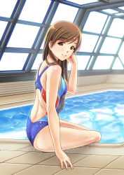 Rule 34 | 10s, 1girl, absurdres, ass, brown hair, competition swimsuit, highres, idolmaster, idolmaster cinderella girls, idolmaster cinderella girls starlight stage, jakelian, long hair, looking at viewer, nitta minami, one-piece swimsuit, pool, rei no pool, smile, solo, swimsuit