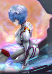 Rule 34 | 1girl, artist name, ayanami rei, blue hair, bodysuit, bracer, breasts, closed mouth, cowboy shot, expressionless, from side, gloves, hair between eyes, headgear, impossible bodysuit, impossible clothes, interface headset, looking at viewer, medium breasts, neon genesis evangelion, pilot suit, plugsuit, red eyes, short hair, solo, tecnomayro, turtleneck