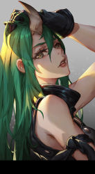 Rule 34 | 1girl, adjusting hair, arknights, bare shoulders, gloves, green eyes, green hair, highres, horns, hoshiguma (arknights), lips, long hair, looking at viewer, looking to the side, parted lips, single horn, solo, train hb