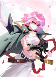 Rule 34 | 1girl, alchemy stars, bandages, bandeau, belt, black belt, black choker, black gloves, breasts, chest sarashi, choker, commentary request, cowboy shot, gloves, highres, hiiro (alchemy stars), holding, lime galaxy, looking at viewer, midriff, navel, pants, pink eyes, pink hair, sarashi, scabbard, sheath, short hair, small breasts, solo, standing, stomach, strapless, tube top, white pants