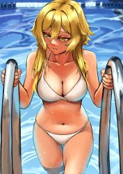 Rule 34 | 1girl, absurdres, bare shoulders, bikini, blonde hair, breasts, bug, cleavage, collarbone, cowboy shot, firefly, from above, genshin impact, hair between eyes, hair intakes, half-closed eyes, highres, insect, looking away, lumine (genshin impact), medium breasts, navel, partially submerged, pool, pool ladder, rixch, short hair with long locks, sidelocks, solo, summer, swimsuit, thigh gap, water, white bikini, yellow eyes