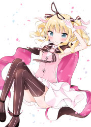 Rule 34 | 1girl, armpits, black bow, black bowtie, black cape, black footwear, black thighhighs, blonde hair, blue eyes, blunt bangs, blush, bow, bowtie, breasts, brooch, cape, closed mouth, commentary request, domino mask, gloves, gochuumon wa usagi desu ka?, hair bow, hand to own mouth, hand up, highres, holding, holding mask, jewelry, kirima syaro, layered skirt, long hair, looking at viewer, mary janes, mask, petals, phantom thief lapin, pink vest, shirt, shoes, sidelocks, skirt, sleeveless, sleeveless shirt, small breasts, smile, solo, sparkle, striped bow, striped bowtie, striped clothes, striped neckwear, striped thighhighs, thighhighs, thighs, twintails, uchuuneko, unworn mask, vertical-striped clothes, vertical-striped thighhighs, vest, wavy hair, white background, white gloves, white shirt, white skirt