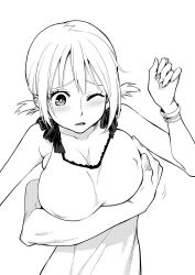 Rule 34 | 1girl, bad id, bad pixiv id, blush, grabbing another&#039;s breast, breasts, dress, covered erect nipples, grabbing, grabbing from behind, greyscale, hige (hige2), highres, large breasts, monochrome, one eye closed, original, short hair, short twintails, solo focus, twintails, upper body