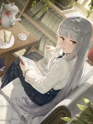 Rule 34 | 1girl, absurdres, black ribbon, black skirt, blunt bangs, book, bookshelf, coffee cup, commentary, commission, couch, cup, disposable cup, dutch angle, food, frilled sleeves, frills, from side, full body, goback, grey hair, highres, indoors, leaf, long hair, long skirt, long sleeves, looking at viewer, looking back, neck ribbon, novelpia, open book, parted lips, ribbon, sandwich, saucer, shirt, sitting, skirt, solo, spoon, straight hair, table, turning page, typewriter, very long hair, white shirt, window, yellow eyes