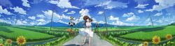 Rule 34 | 1girl, :d, absurdres, black hair, blue eyes, blue sky, cloud, collarbone, commentary request, day, dress, hat, highres, long hair, mountain, open mouth, original, outdoors, power lines, railroad crossing, rice paddy, road, sakatsuki yakumo, scenery, shadow, sky, sleeveless, sleeveless dress, smile, solo, standing, straw hat, summer, utility pole, white dress, wide shot