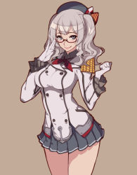 Rule 34 | 10s, 1girl, adjusting eyewear, beret, bespectacled, black skirt, bow, breasts, brown background, clenched hand, collar, epaulettes, female focus, frilled sleeves, frills, glasses, grey eyes, hat, hat bow, kantai collection, kashima (kancolle), kugi ta hori taira, large breasts, long sleeves, military, military uniform, miniskirt, pleated skirt, red-framed eyewear, red ribbon, ribbon, semi-rimless eyewear, silver hair, simple background, skirt, solo, standing, two side up, under-rim eyewear, uniform