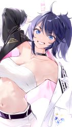 Rule 34 | 1girl, belt, black belt, black choker, black jacket, blue eyes, blue hair, blush, breasts, choker, cleavage, clenched teeth, commentary request, highres, holding, holding sword, holding weapon, indie virtual youtuber, jacket, kson, looking at viewer, medium breasts, midriff, mole, mole under eye, multicolored clothes, multicolored jacket, navel, pants, ponytail, sarashi, short hair, simple background, smile, solo, souchou, sword, teeth, two-tone jacket, virtual youtuber, weapon, white background, white jacket, white pants, wooden sword, yuyaiyaui