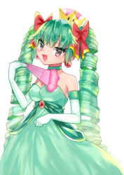 Rule 34 | 1girl, :d, bow, bow (paper mario), breasts, choker, cleavage, commentary request, dress, drill hair, earrings, elbow gloves, eyelashes, feather fan, gloves, green choker, green dress, green gloves, green hair, hair bow, jewelry, large breasts, long hair, mario (series), new super mario bros. u deluxe, nintendo, open mouth, paper mario, paper mario 64, red bow, simple background, smile, solo, strapless, strapless dress, super crown, twin drills, very long hair, white background, yousagi