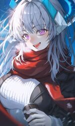 Rule 34 | 1girl, absurdres, blue archive, blush, breasts, breath, can, grey hair, halo, highres, holding, holding can, large breasts, long hair, looking at viewer, mechanical halo, noa (blue archive), noubin, open mouth, purple eyes, red scarf, ribbed sweater, scarf, smile, solo, sweater, upper body, white sweater