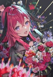Rule 34 | 1girl, absurdres, black wings, blue gemstone, blurry, blurry foreground, blush, bouquet, cake, candle, commentary, crossed bangs, depth of field, earrings, flower, food, fruit, gem, head wings, highres, holding, holding bouquet, jacket, jewelry, konkon aria, konkon aria (artist), long hair, looking at viewer, neo-porte, pendant choker, pink hair, plaid, plaid jacket, purple flower, red flower, red rose, rose, self-portrait, sidelocks, smile, solo, strawberry, sunburst, teeth, upper body, upper teeth only, virtual youtuber, white flower, wings