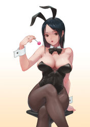 Rule 34 | 1girl, animal ears, arm behind back, arm support, black hair, black leotard, bloom, bow, bowtie, breasts, brown pantyhose, candy, collarbone, crossed legs, detached collar, fake animal ears, food, gradient background, hand up, highleg, highleg leotard, highres, holding, holding candy, holding food, holding lollipop, jrajazon, leotard, lips, lollipop, long hair, looking at viewer, medium breasts, open mouth, orange eyes, original, pantyhose, parted bangs, playboy bunny, rabbit ears, shiny skin, sitting, solo, stool, strapless, strapless leotard, wide hips, wrist cuffs