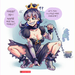 Rule 34 | 1boy, 1girl, ?, ??, black dress, black eyes, black footwear, black hair, boots, breasts, chain, chain leash, cleavage, collarbone, commentary request, crown, cuffs, dress, drooling, elbow gloves, english text, fingerless gloves, genderswap, genderswap (mtf), gloves, grey gloves, leash, long hair, mario, mario (series), medium breasts, new super mario bros. u deluxe, nintendo, princess chain chomp, puffy short sleeves, puffy sleeves, shackles, sharp teeth, short sleeves, sneaking, speech bubble, super crown, supersatanson, teeth, torn clothes, torn dress