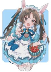 1girl animal_ears apron basket blue_dress brown_eyes brown_hair dress food fruit idolmaster idolmaster_cinderella_girls long_hair looking_at_viewer maid maid_headdress mochino open_mouth rabbit_ears smile solo strawberry tachibana_arisu thighhighs twintails white_thighhighs