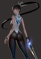Rule 34 | 1girl, 3d, absurdres, ass, black hair, blunt bangs, bracelet, breasts, cameltoe, capelet, contrapposto, eve (stellar blade), facial tattoo, from behind, highres, holding, holding sword, holding weapon, huge weapon, jewelry, large breasts, lens flare, long hair, looking back, neon trim, pants, ponytail, red eyes, reverse grip, ridaoz, skin tight, sleeveless, solo, stellar blade, sword, tattoo, tight clothes, tight pants, turning head, weapon, white capelet