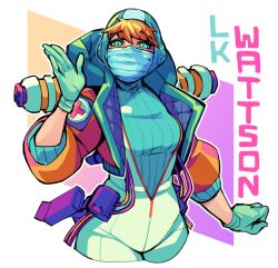 Rule 34 | 1girl, animification, apex legends, blonde hair, blue bodysuit, blue eyes, blue gloves, bodysuit, breasts, cable, character name, commentary, cross, english commentary, gloves, highres, hood, hood down, hood up, hooded jacket, jacket, lila (lilakeylk), looking at viewer, mask, medium breasts, mouth mask, open hand, orange jacket, red cross, ribbed bodysuit, smile, solo, surgical mask, wattson (apex legends), waving, white bodysuit