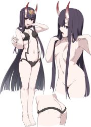 Rule 34 | 1girl, alternate hair length, alternate hairstyle, ass, barefoot, breasts, butt crack, fate/grand order, fate (series), hair censor, hair over breasts, hand up, horns, long hair, looking at viewer, multiple views, navel, nude, oni, purple eyes, purple hair, shiseki hirame, shuten douji (fate), simple background, skin-covered horns, small breasts, smile, very long hair, white background