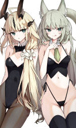 Rule 34 | 2girls, :q, absurdres, ahoge, animal ear fluff, animal ears, arknights, bare shoulders, black bow, black leotard, black pantyhose, blonde hair, blush, bow, breasts, cleavage, closed mouth, collarbone, commentary, covered navel, cowboy shot, detached collar, dragon girl, dragon horns, fishnets, flower, green eyes, green hair, green necktie, groin, hair flower, hair ornament, harmonie (arknights), highleg, highres, horns, leotard, licking lips, light blush, light smile, long hair, looking at viewer, medium breasts, multiple girls, navel, necktie, nontraditional playboy bunny, pantyhose, parted lips, playboy bunny, reed (arknights), reed the flame shadow (arknights), short necktie, sidelocks, simple background, smile, strapless, thighhighs, tongue, tongue out, touko (toko12 tooko), very long hair, white background, white flower