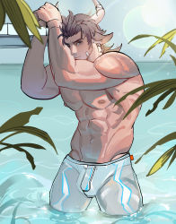 Rule 34 | 1boy, abs, absurdres, animal ears, arknights, bandaid, bandaid on cheek, bandaid on face, bara, brown eyes, brown hair, bulge, chinese commentary, cow boy, cow ears, cow horns, hands up, highres, horns, large pectorals, looking at viewer, male focus, male swimwear, matterhorn (arknights), matterhorn (beach guard) (arknights), medium hair, muscular, muscular male, navel, nipples, official alternate costume, pectorals, plant, see-through, see-through legwear, sideburns, smile, solo, stomach, sunlight, swim briefs, swim trunks, swimsuit, swimsuit under clothes, thick eyebrows, thick thighs, thighs, topless male, wading, water, wet, wet clothes, wet swimsuit, white male swimwear, xiedaifenshi (7329016845)