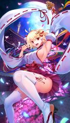 Rule 34 | 1girl, absurdres, arcueid brunestud, bare shoulders, blonde hair, blush, breasts, detached sleeves, full moon, harukey, highres, large breasts, looking at viewer, miniskirt, moon, night, night sky, open mouth, red eyes, red skirt, short hair, sideboob, skirt, sky, smile, solo, thighhighs, tsukihime, v, white thighhighs, wide sleeves