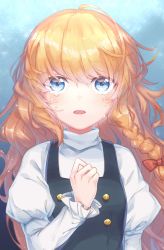 Rule 34 | 1girl, ahoge, black dress, black vest, blonde hair, blue background, blue eyes, blush, bow, braid, buttons, commentary, crying, crying with eyes open, dot nose, dress, frilled sleeves, frills, gloves, gradient background, hair bow, hand on own chest, highres, kirisame marisa, kisamu (ksmz), lips, long hair, long sleeves, looking at viewer, no headwear, open mouth, parted lips, red bow, side braid, solo, tears, touhou, upper body, vest