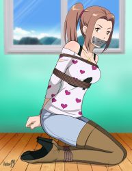 Rule 34 | 1girl, absurdres, bdsm, bondage, boots, bound, bound ankles, bound wrists, breast bondage, breasts, brown eyes, brown hair, denim, digimon, digimon adventure tri., earrings, gag, gagged, heart, high heel boots, high heels, highres, improvised gag, jeans, jewelry, looking at viewer, pants, ponytail, rope, shadow xcp, shirt, tachikawa mimi, tape, tape gag, variant set, white shirt
