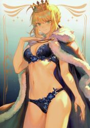 Rule 34 | 1girl, absurdres, ahoge, artoria pendragon (all), artoria pendragon (fate), blonde hair, bow, bow panties, bra, braid, breasts, cape, cleavage, crown, fate/grand order, fate (series), fingernails, floral print, french braid, fur trim, gradient background, green eyes, hair ornament, hand on own chest, hand up, highres, lingerie, looking at viewer, mashuu (neko no oyashiro), medium breasts, mini crown, navel, panties, saber (fate), scan, simple background, solo, stomach, thighs, underwear