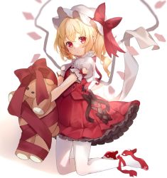 Rule 34 | 1girl, adapted costume, ankle ribbon, blurry, crystal, depth of field, dress, flandre scarlet, flat chest, from side, full body, hat, highres, kneeling, leg ribbon, looking at viewer, mob cap, one side up, pantyhose, paragasu (parags112), red dress, red eyes, ribbon, simple background, solo, stuffed animal, stuffed toy, teddy bear, touhou, white background, white pantyhose, wings