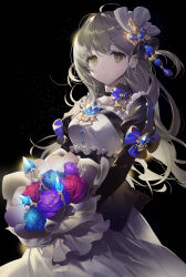 Rule 34 | 1girl, absurdres, ahoge, apron, black background, black choker, black dress, blue flower, blue rose, bouquet, breasts, brown eyes, brown hair, character request, choker, collarbone, copyright request, cowboy shot, dress, flower, flower ornament, frilled dress, frills, hair ornament, highres, holding, holding bouquet, light blush, long hair, long sleeves, looking at viewer, maid apron, medium breasts, parted lips, pink lips, purple flower, purple rose, red flower, red rose, rose, seoji, solo, wavy hair