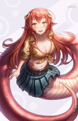 Rule 34 | 1girl, :d, belt, belt buckle, blush, breasts, buckle, cleavage, collarbone, eyebrows hidden by hair, fangs, fangs out, fingernails, hair ornament, highres, lamia, long hair, looking at viewer, medium breasts, midriff, miia (monster musume), monster girl, monster musume no iru nichijou, nail polish, navel, open mouth, owolet, pointy ears, red hair, scales, shirt, simple background, skirt, slit pupils, smile, solo, tied shirt, yellow eyes