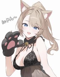 Rule 34 | 1girl, animal ear fluff, animal ears, bad link, bare arms, bare shoulders, bell, black choker, blonde hair, blue eyes, blush, breasts, cat ears, cat girl, choker, cleavage, commentary, food, front-tie top, hair ribbon, highres, looking at viewer, medium breasts, neck bell, open mouth, original, ponytail, ribbon, simple background, solo, soybean (hisoybean), symbol-only commentary, tongue, tongue out, upper body, white background