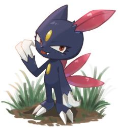 Rule 34 | claws, eyelashes, fang, fang out, full body, gen 2 pokemon, grass, looking at viewer, no humans, oniwa nwai, pokemon, pokemon (creature), red eyes, sneasel, soil, solo, standing, tongue, tongue out, white background