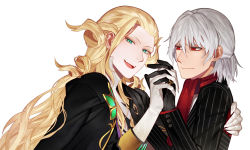 Rule 34 | 2boys, antonio salieri (fate), antonio salieri (second ascension) (fate), black gloves, blonde hair, drill hair, elbow gloves, fate/grand order, fate (series), formal, gloves, green eyes, grey hair, half updo, holding hands, interlocked fingers, jewelry, long hair, looking at viewer, male focus, multiple boys, pinstripe pattern, pinstripe suit, red eyes, red scarf, ring, scarf, sindri, striped, suit, very long hair, white gloves, wolfgang amadeus mozart (fate)
