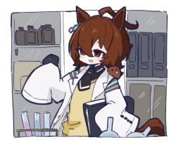 Rule 34 | 1girl, :d, agnes tachyon (umamusume), ahoge, animal, animal ears, black necktie, black shirt, blush, brown hair, collared shirt, commentary request, ear piercing, flask, hair between eyes, horse ears, horse girl, horse tail, lab coat, long sleeves, necktie, nozo (hitomiz), open clothes, open mouth, piercing, red eyes, round-bottom flask, shirt, short necktie, sleeves past fingers, sleeves past wrists, smile, solo, sweater vest, tail, umamusume, vial