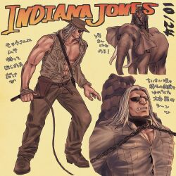 Rule 34 | 1boy, alternate costume, big nose, chain, chained, collage, cowboy hat, dark-skinned male, dark skin, elephant, elephant riding, full body, hat, highres, holding, holding whip, hunter x hunter, indiana jones (series), long hair, male focus, morel mackernasey, muscular, muscular male, nkwtsrsk hh, no eyebrows, pants, pectoral cleavage, pectorals, riding, riding animal, shirt, shoes, standing, sunglasses, translation request, wrinkled skin