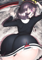 Rule 34 | 10s, 1girl, ass, bad id, bad pixiv id, black panties, blue hair, breasts, come hither, crack, dress, face down, female focus, gradient background, highres, huge ass, huge breasts, kantai collection, licking lips, looking back, narrow waist, naughty face, noname (metaldragonfly), panties, pantylines, purple eyes, purple hair, short hair, solo, tatsuta (kancolle), thick thighs, thighs, tongue, tongue out, underwear, weapon, wide hips
