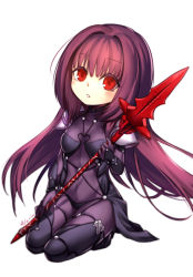 Rule 34 | 1girl, adarin, armor, bodysuit, breasts, chibi, covered navel, fate/grand order, fate (series), gae bolg (fate), highres, long hair, pauldrons, polearm, purple bodysuit, purple hair, red eyes, scathach (fate), scathach (fate), shoulder armor, simple background, solo, spear, weapon, aged down