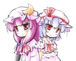 Rule 34 | 2girls, back-to-back, bad id, bad pixiv id, blue hair, bow, chibi, crescent, hair bow, hat, long hair, multiple girls, natsuki (silent selena), patchouli knowledge, purple eyes, purple hair, red eyes, remilia scarlet, short hair, simple background, smile, touhou