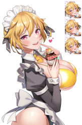 Rule 34 | 1girl, absurdres, alternate costume, apron, aqua nails, bikini, bikini top only, bikini under clothes, black leotard, blonde hair, blush, breasts, cleavage, collared leotard, commentary, cowboy shot, cupcake, enmaided, expressions, finger to mouth, fingernails, food, frilled apron, frills, from side, fruit, hair between eyes, hair flaps, hands up, heart, highres, holding, holding food, ibuki tsubasa, idolmaster, idolmaster million live!, idolmaster million live! theater days, juliet sleeves, large breasts, leotard, long sleeves, looking at viewer, looking to the side, machi (machi333), maid, maid headdress, nail polish, necktie, open mouth, pink eyes, puffy sleeves, short hair, short necktie, sideboob, simple background, smile, solo, standing, strawberry, swimsuit, teeth, underboob, upper teeth only, white apron, white background, yellow bikini, yellow necktie