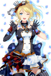 Rule 34 | 1girl, ;d, arms up, asymmetrical clothes, asymmetrical gloves, ayase eli, blonde hair, blue eyes, bracelet, breasts, buttons, cafe maid (love live!), detached collar, detached sleeves, double-breasted, dress, facing viewer, frills, garter straps, gloves, hair ornament, hands up, hat, highres, idol, jewelry, kate iwana, love live!, love live! school idol festival, love live! school idol project, medium breasts, miniskirt, necktie, one eye closed, open hands, open mouth, ponytail, skirt, smile, solo, strapless, strapless dress, striped clothes, striped thighhighs, thighhighs, uneven gloves