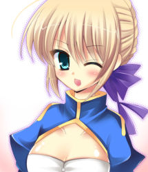 Rule 34 | 1girl, artoria pendragon (fate), bad id, bad pixiv id, bitter crown, blonde hair, blush, cleavage cutout, clothing cutout, dress, fate/stay night, fate (series), green eyes, hair ribbon, heart, ribbon, saber (fate), smile, solo, wink