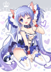 Rule 34 | 1girl, ;d, animal ears, bare shoulders, blue eyes, blue hair, blush, bow, breasts, cat ears, cleavage, collar, hair ornament, hair ribbon, heart, high heels, highres, large breasts, long hair, looking at viewer, matching hair/eyes, mauve, one eye closed, open mouth, original, ribbon, sitting, smile, solo, thighhighs, twintails, underwear, very long hair, wariza, white thighhighs, wrist cuffs